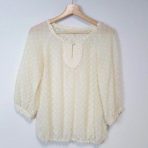 A'reve Bohemian Swiss Dot Keyhole Tassel Blouse